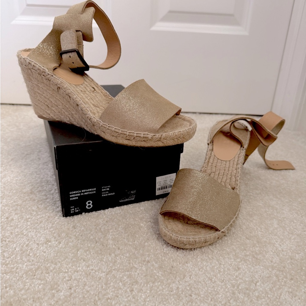 JCrew Corsica espadrilles wedges. Gold shimmer metallic leather/suede